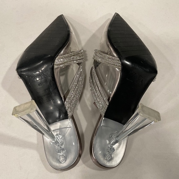 ZARA Heels Clear Sparkling Rhinestone Accent Straps Pointed Toe Size 9 - Picture 9 of 11